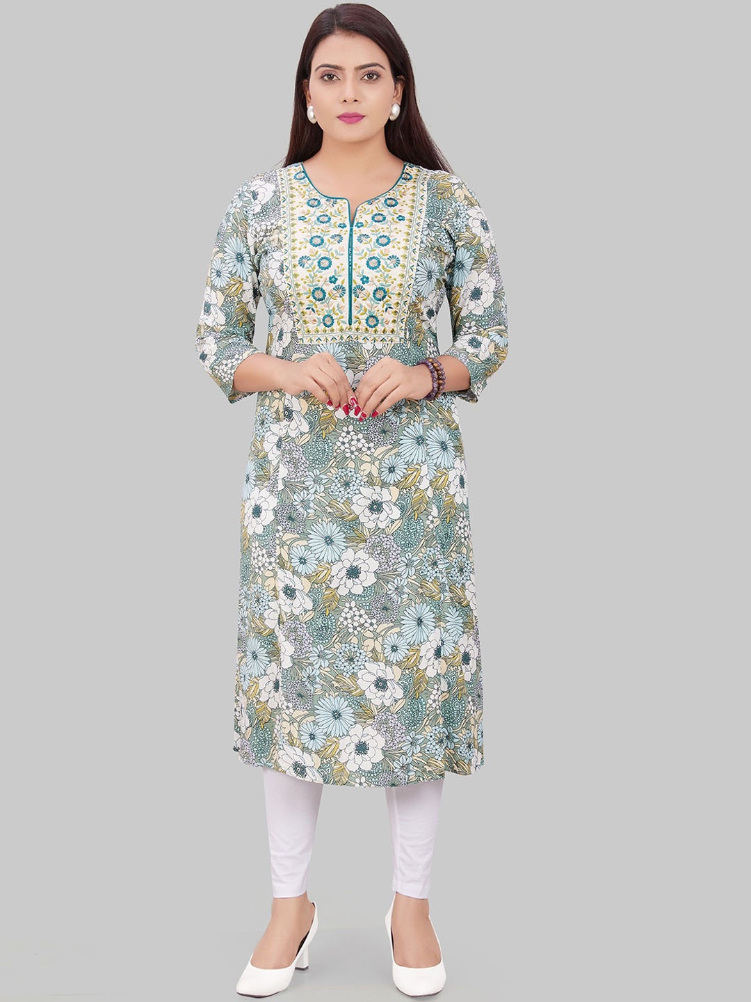 

COTTON CULTURE Floral Printed Thread Work Cotton Straight Kurta, White
