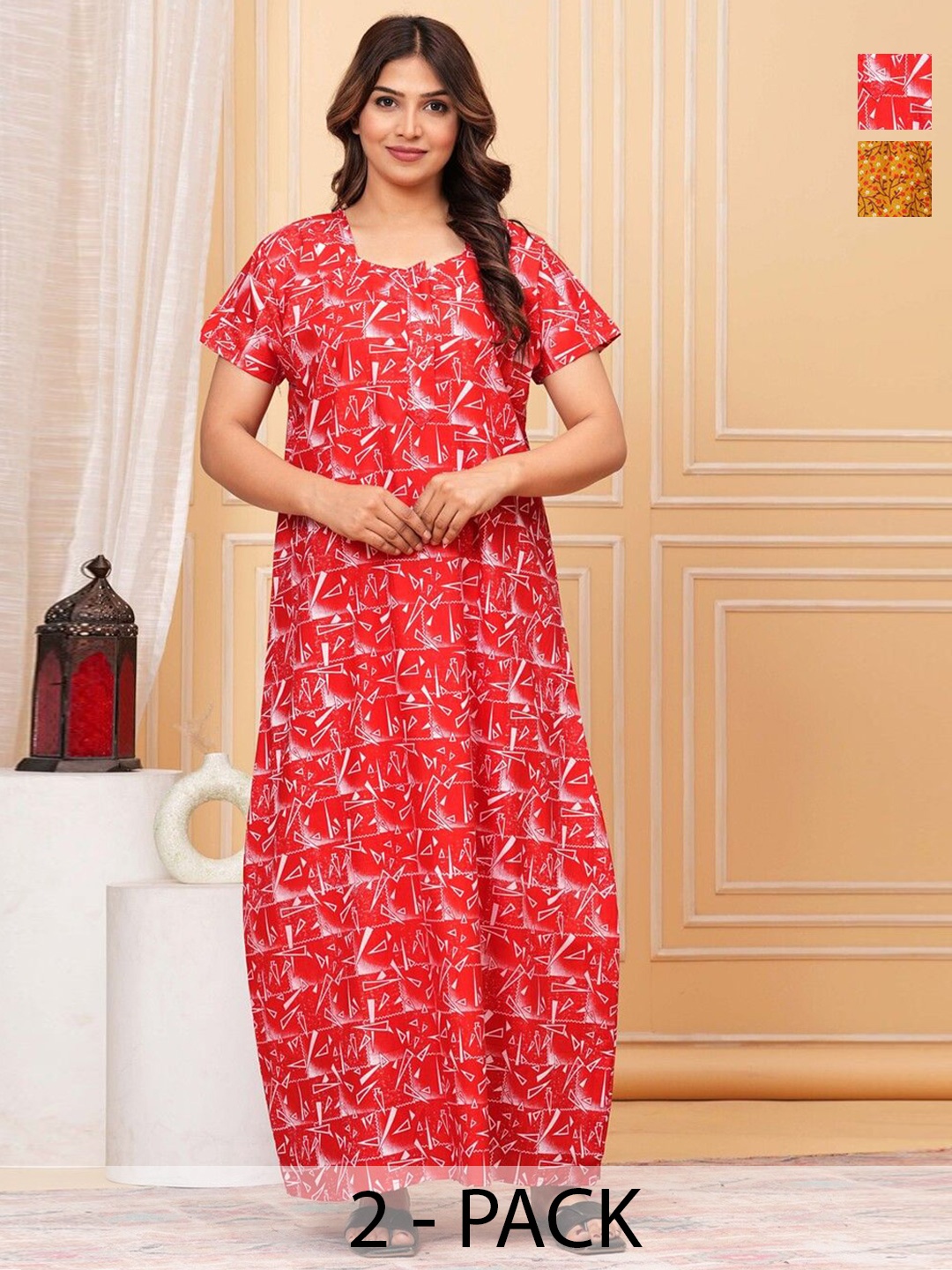 

JVSP FASHION Pack Of 2 Printed Pure Cotton Maxi Nightdress, Red
