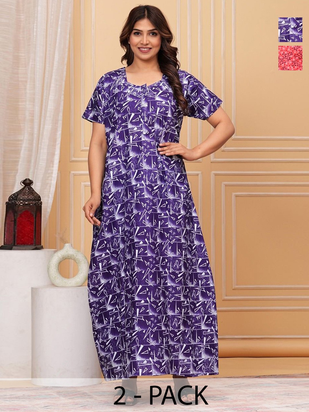 

JVSP FASHION 2 Pcs Women Square Neck Cotton Printed Maxi Nightdress, Purple