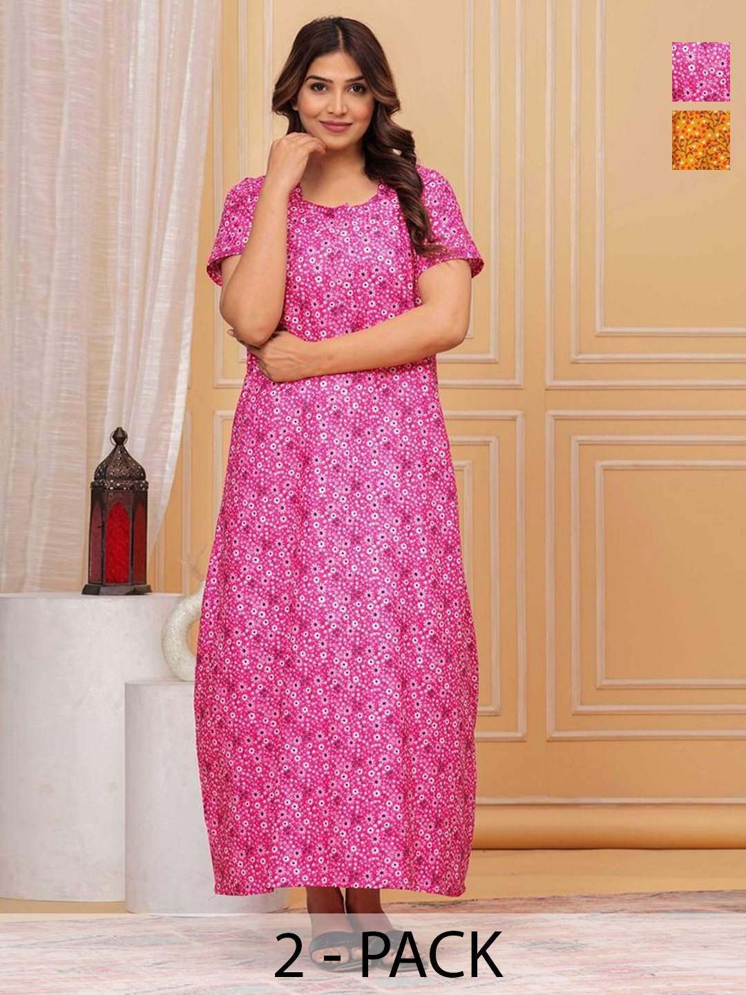 

JVSP FASHION Women 2Pcs Printed Square Neck Cotton Short Sleeves Maxi Nightdress, Pink