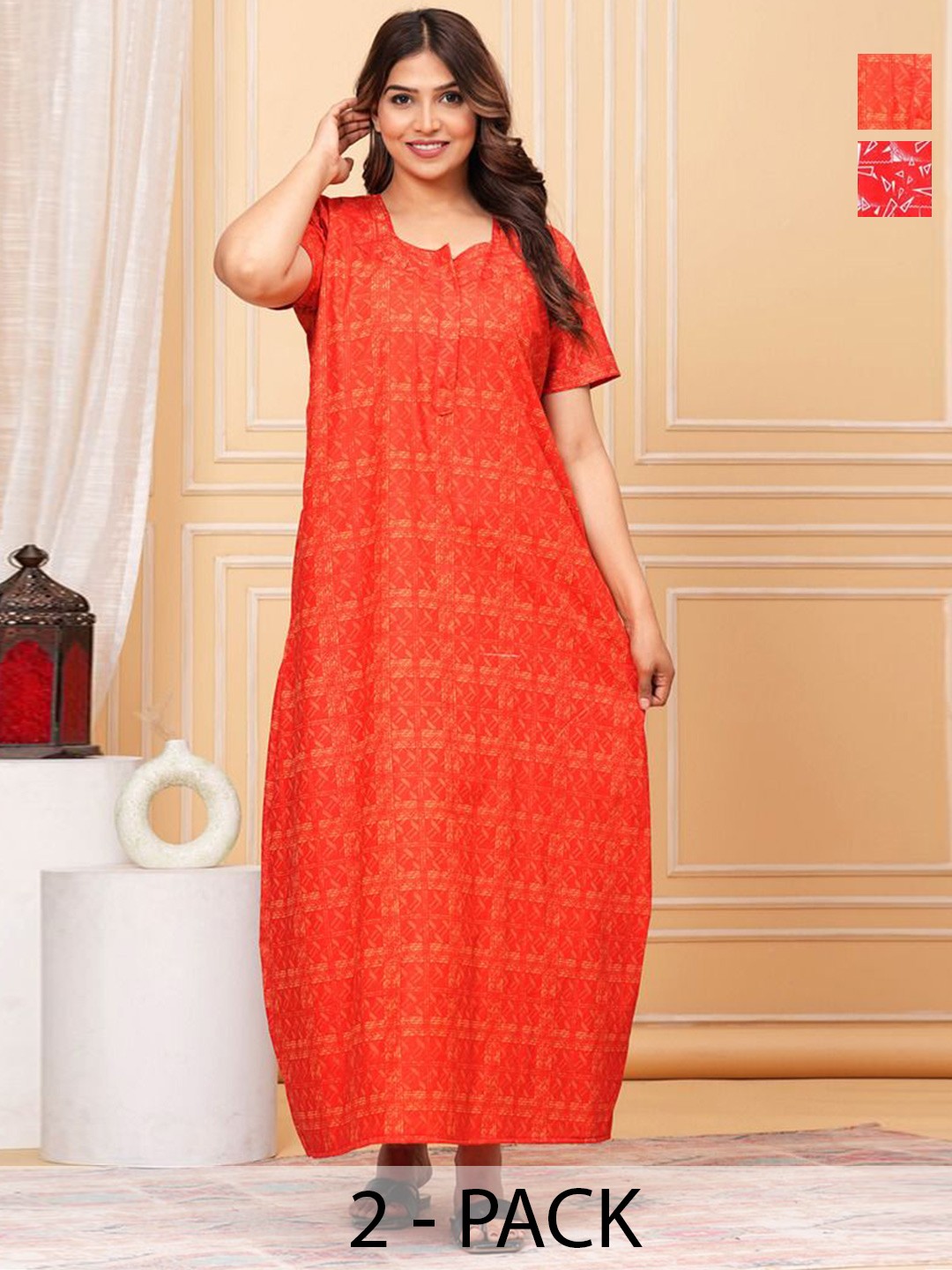 

JVSP FASHION Women Pack Of 2 Printed Maxi Nightdress, Red