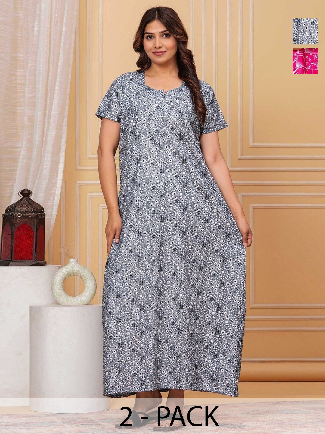 

JVSP FASHION Pack Of 2 Pure Cotton Printed Maxi Nightdress, Grey