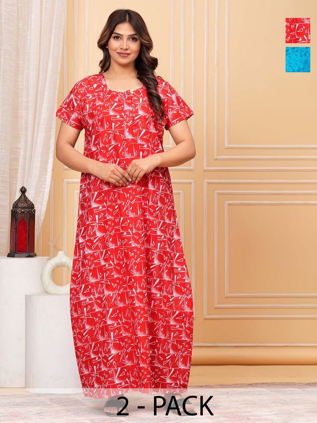 

JVSP FASHION Women 2 Pcs Printed Square Neck Short Sleeves Cotton Maxi Nightdress, Blue