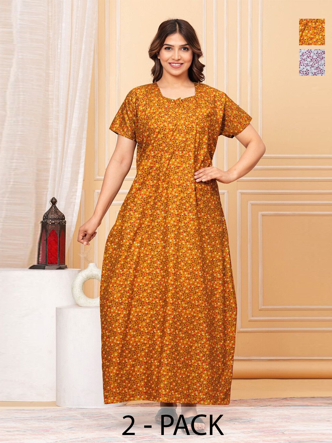 

JVSP FASHION Pure Cotton Printed Maxi Nightdress Pack of 2, Gold
