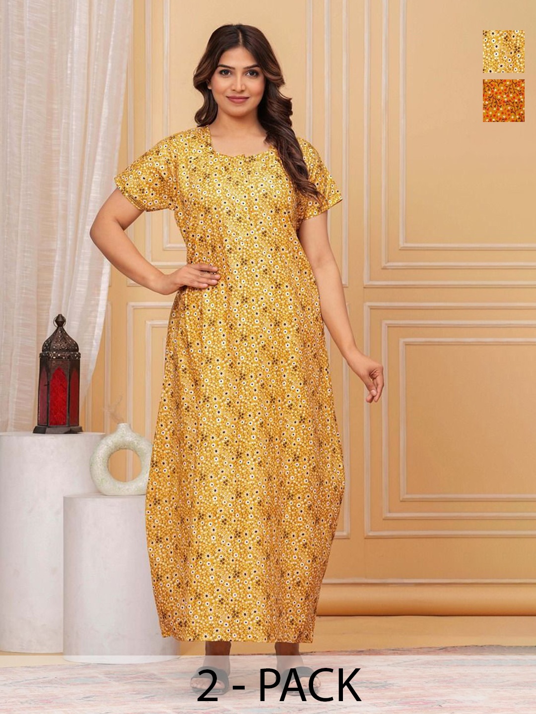 

JVSP FASHION Pack Of 2 Printed Pure Cotton Maxi Nightdress, Yellow