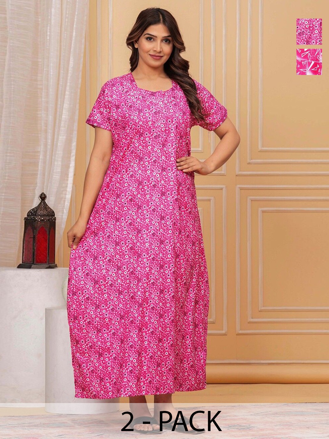 

JVSP FASHION Pack Of 2 Printed Cotton Maxi Nightdress, Pink
