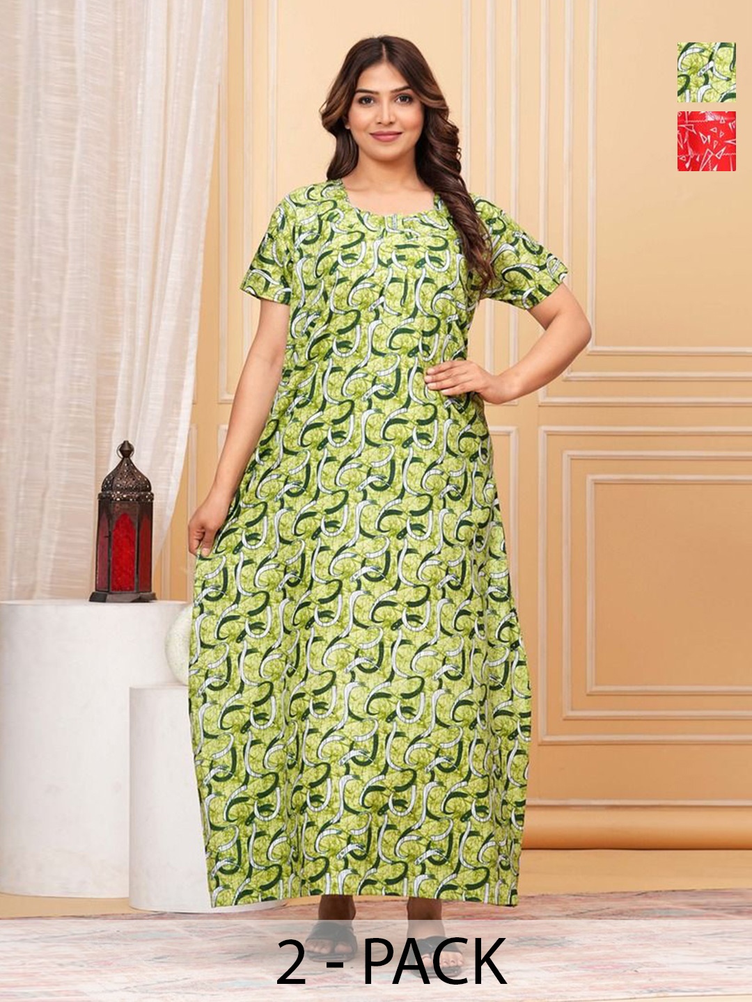 

JVSP FASHION Pack Of 2 Women Printed Cotton Maxi Nightdress, Green
