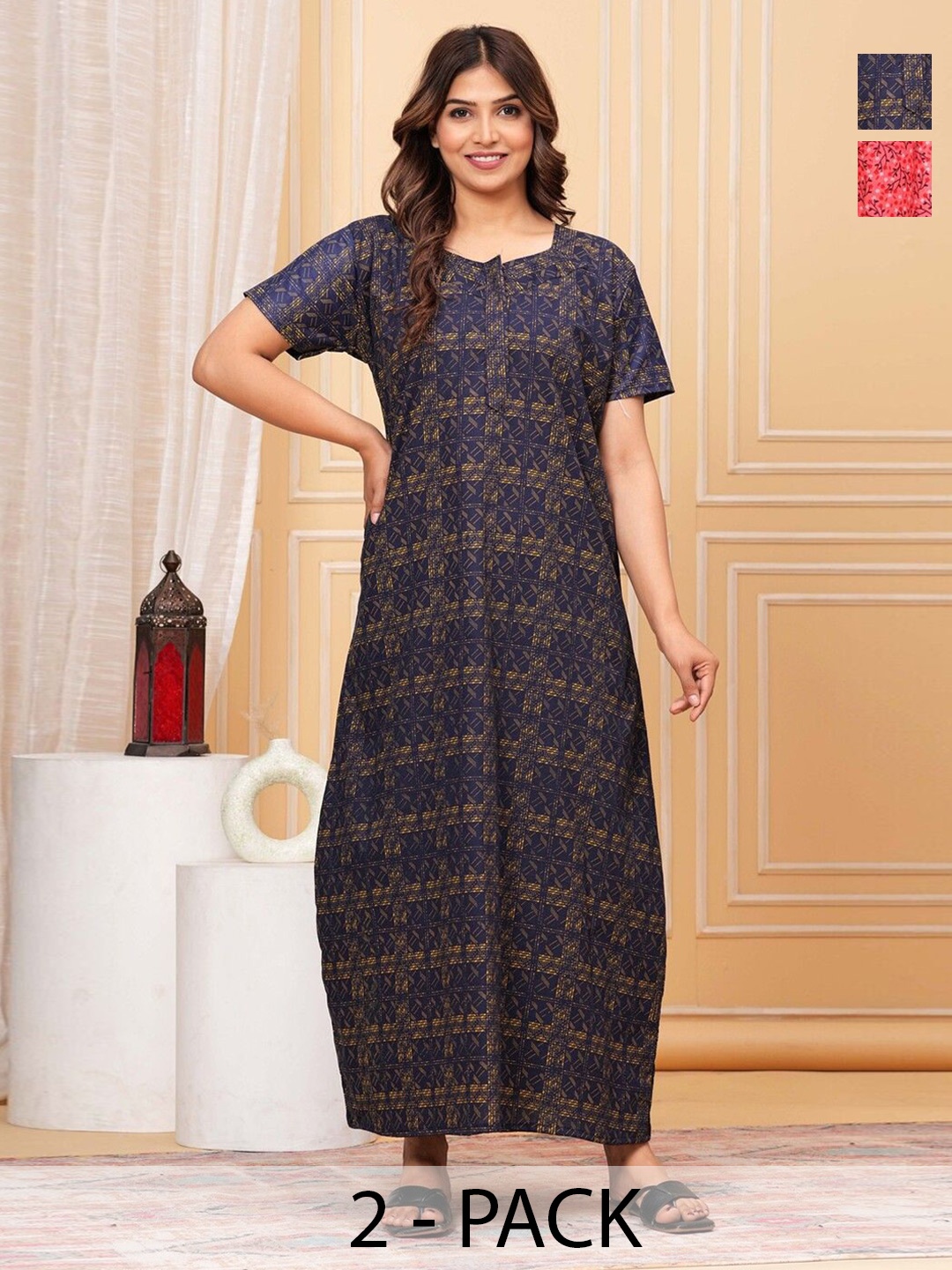 

JVSP FASHION Pack Of 2 Printed Cotton Maxi Nightdress, Navy blue