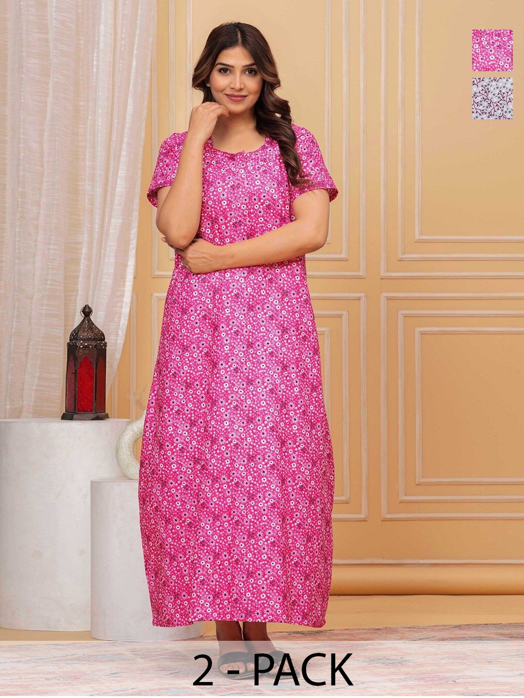 

JVSP FASHION Pack Of 2 Printed Cotton Maxi Nightdress, Pink