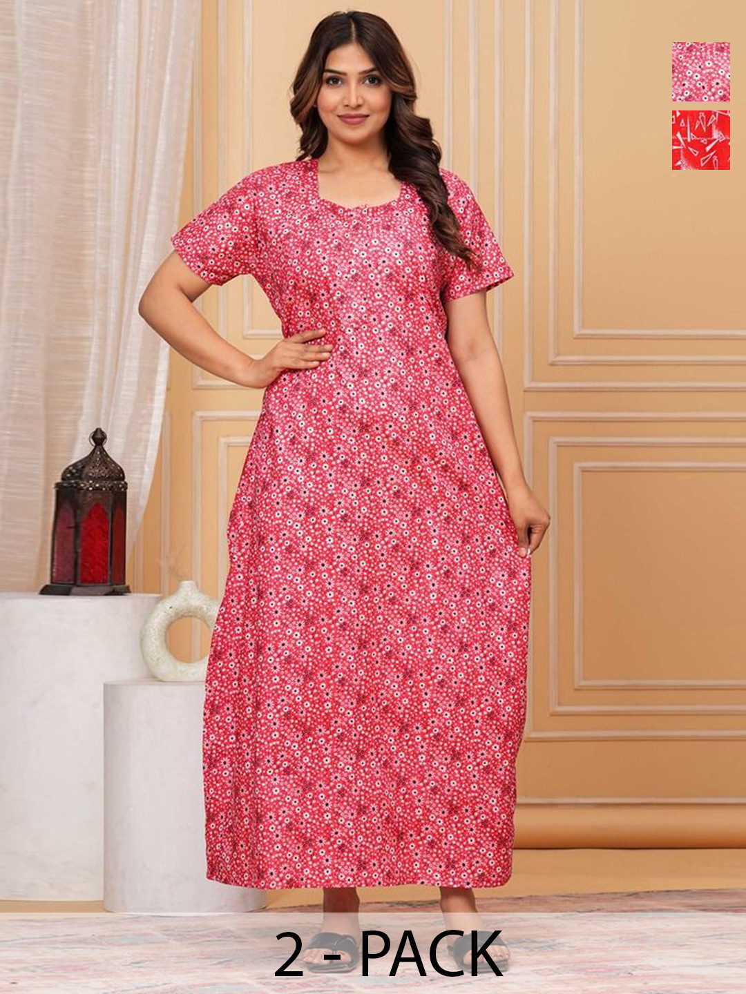 

JVSP FASHION Pack Of 2 Women Printed Cotton Maxi Nightdress, Red