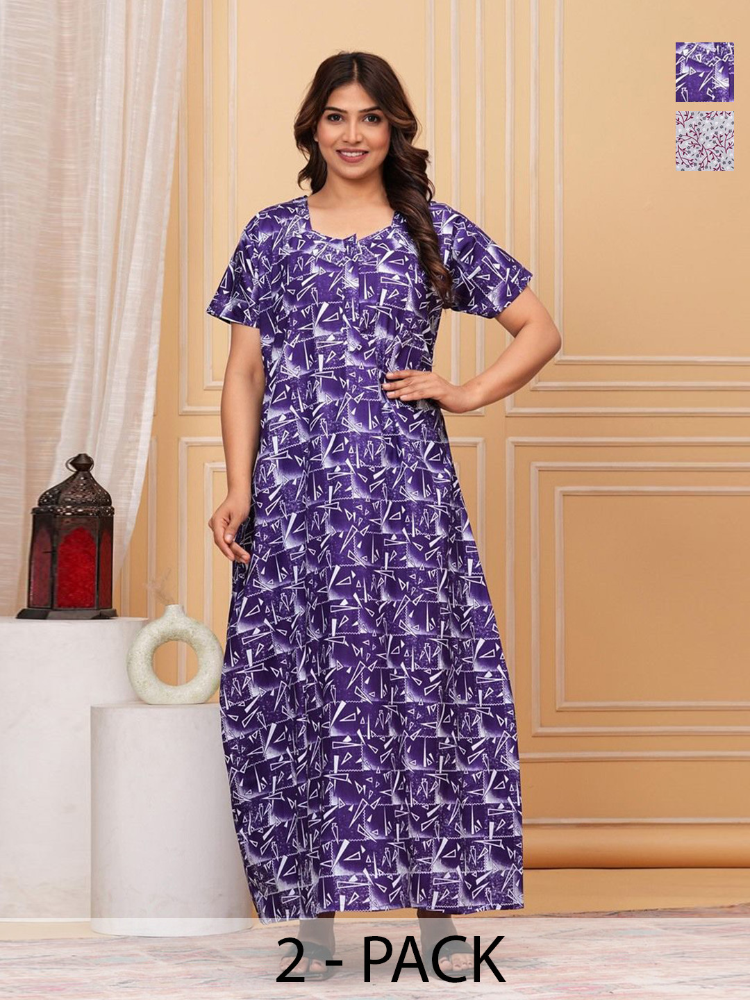 

JVSP FASHION Pack Of 2 Women Printed Cotton Maxi Nightdress, Grey