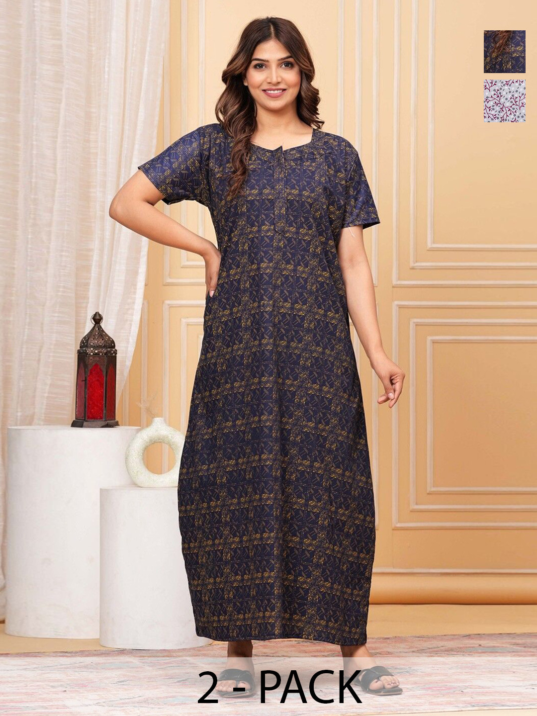 

JVSP FASHION Pack Of 2 Printed Pure Cotton Maxi Nightdress, Purple