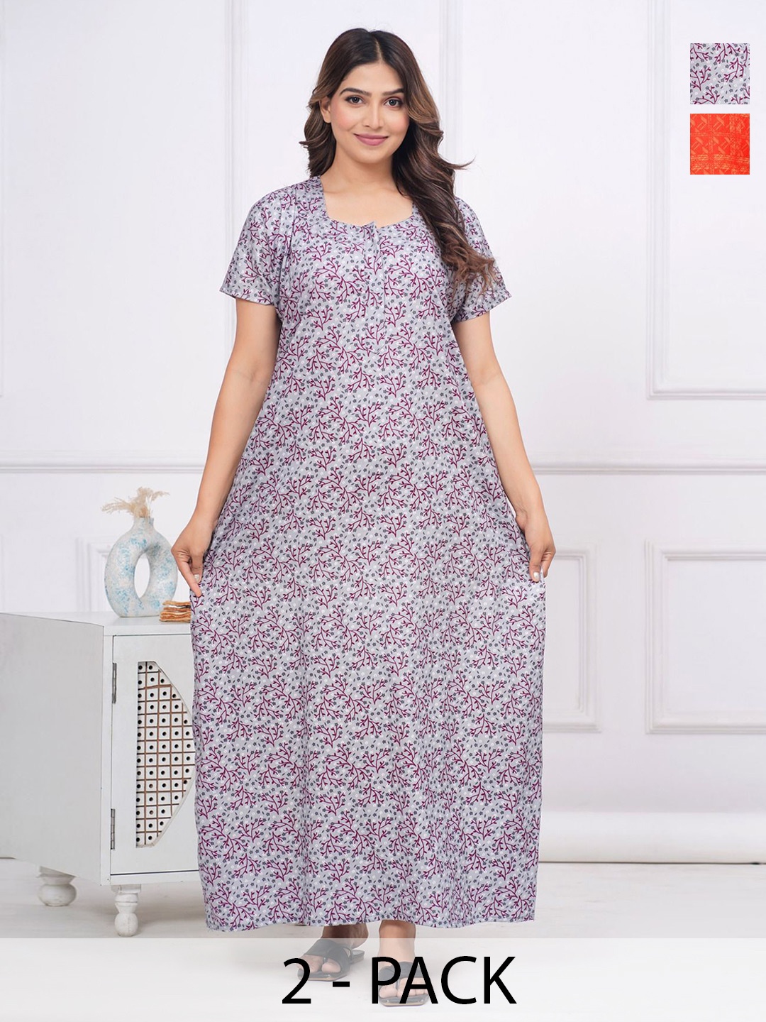 

JVSP FASHION Women Pack Of 2 Printed Maxi Nightdress, Red