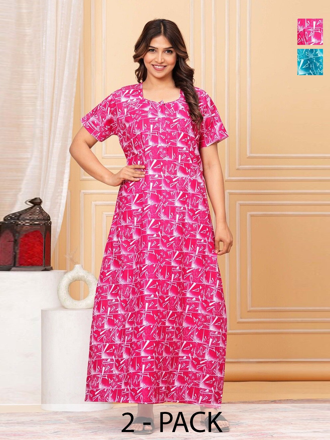 

JVSP FASHION Pack Of 2 Women Printed Cotton Maxi Nightdress, Blue