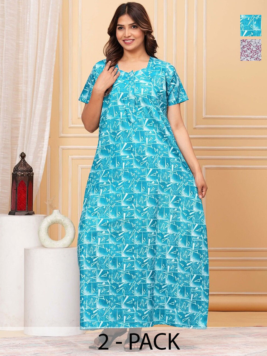 

JVSP FASHION Pack Of 2 Printed Pure Cotton Maxi Nightdress, Blue