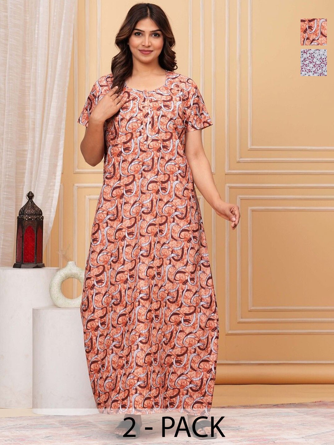 

JVSP FASHION Pack Of 2 Printed Pure Cotton Maxi Nightdress, Cream
