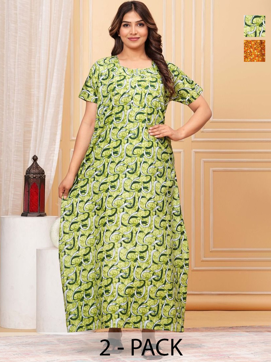 

JVSP FASHION Pack Of 2 Printed Cotton Maxi Nightdress, Green
