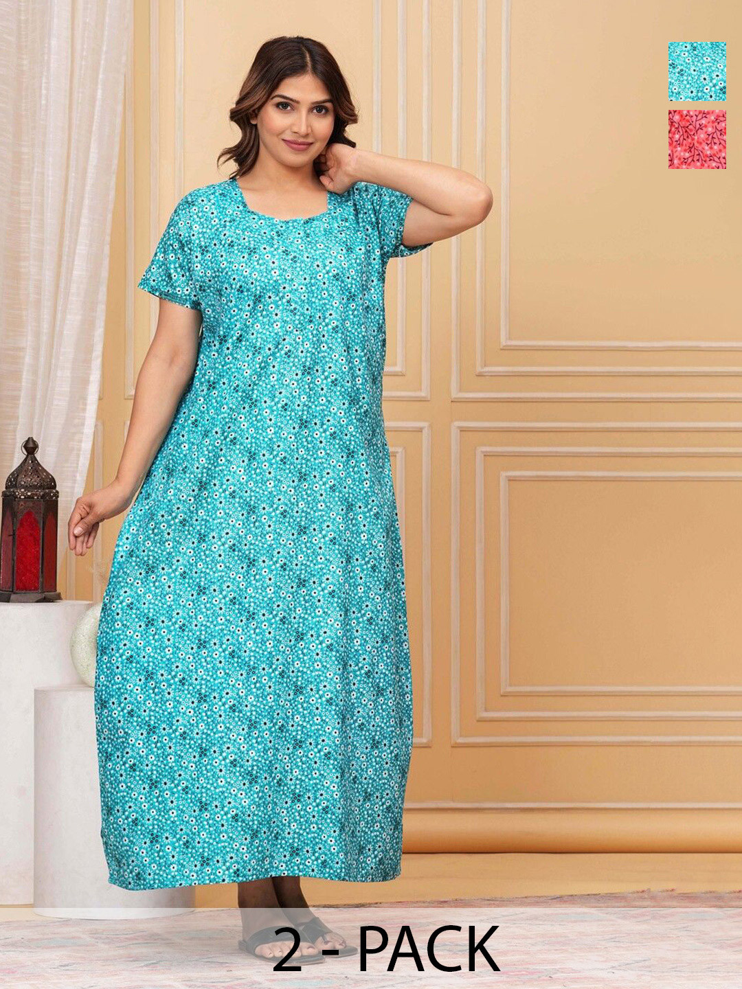 

JVSP FASHION Pack Of 2 Women Cotton Printed Maxi Nightdress, Blue