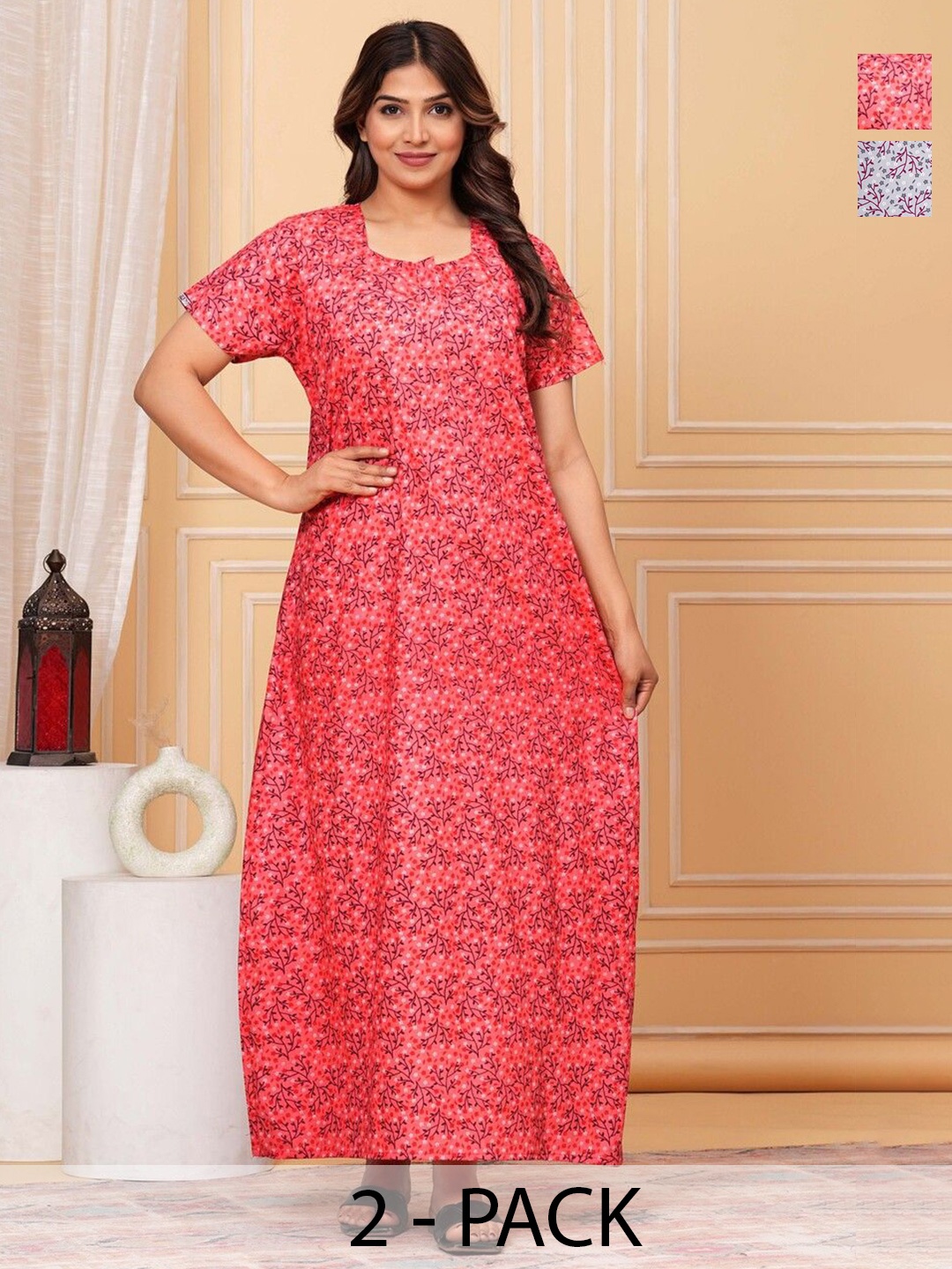 

JVSP FASHION Pack Of 2 Women Printed Cotton Maxi Nightdress, Grey