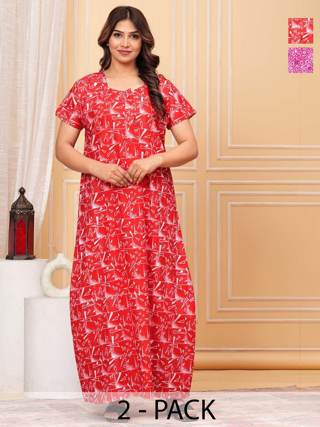 

JVSP FASHION Pack Of 2 Printed Pure Cotton Maxi Nightdress, Pink