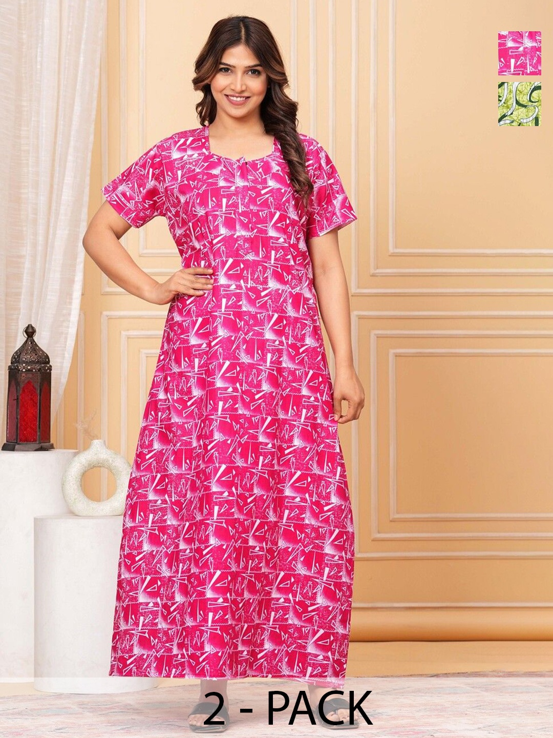 

JVSP FASHION Pack Of 2 Printed Pure Cotton Maxi Nightdress, Green
