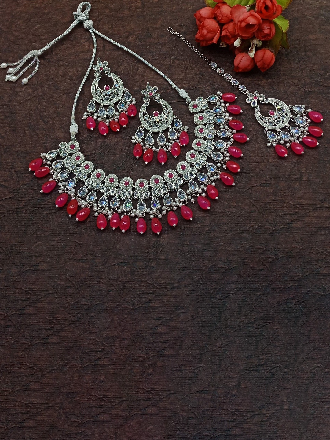 

AASHISH IMITATION American Diamond Studded & Beaded Jewellery Set, Silver