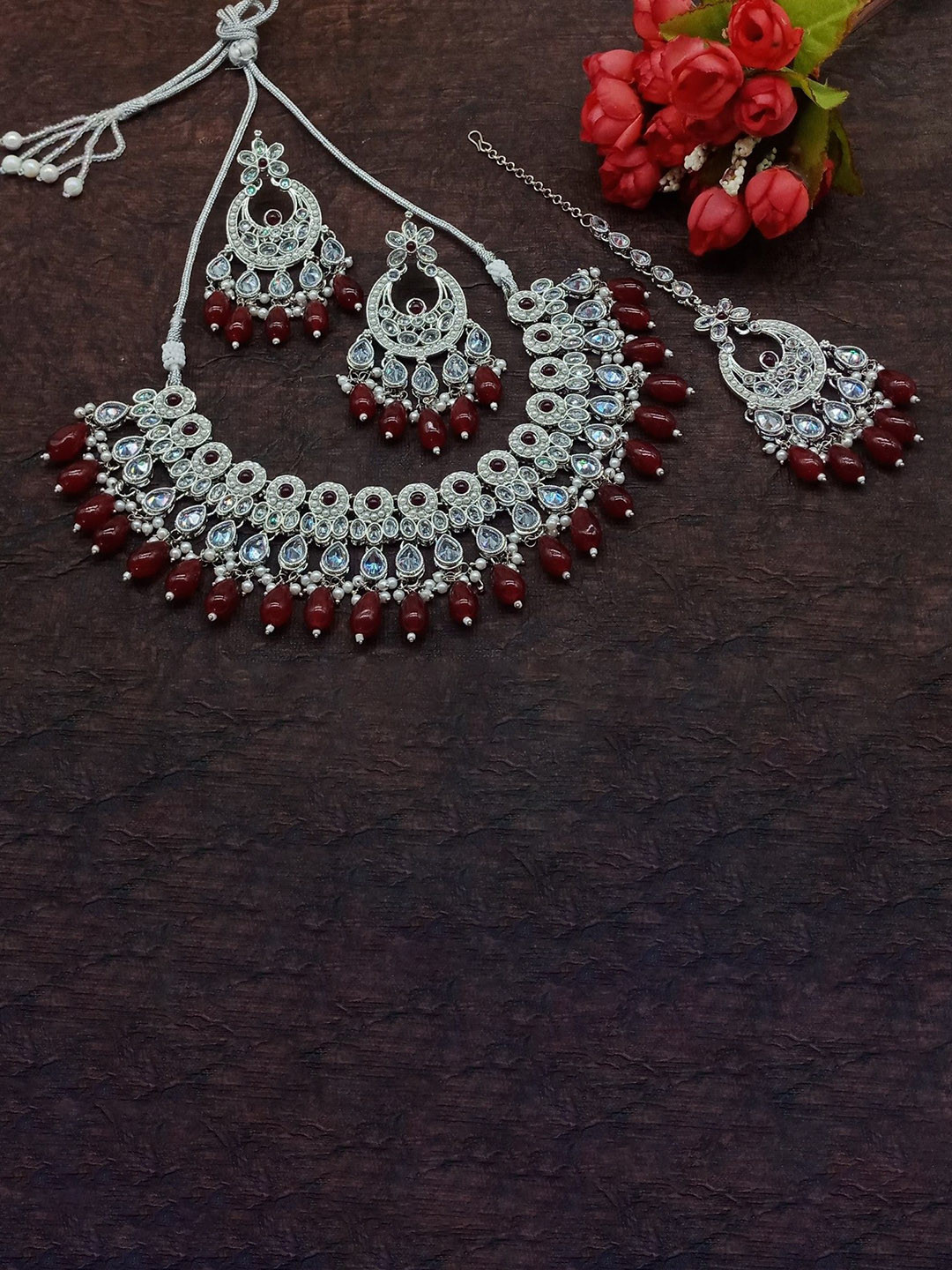 

AASHISH IMITATION American Diamond Studded & Beaded Jewellery Set, Silver
