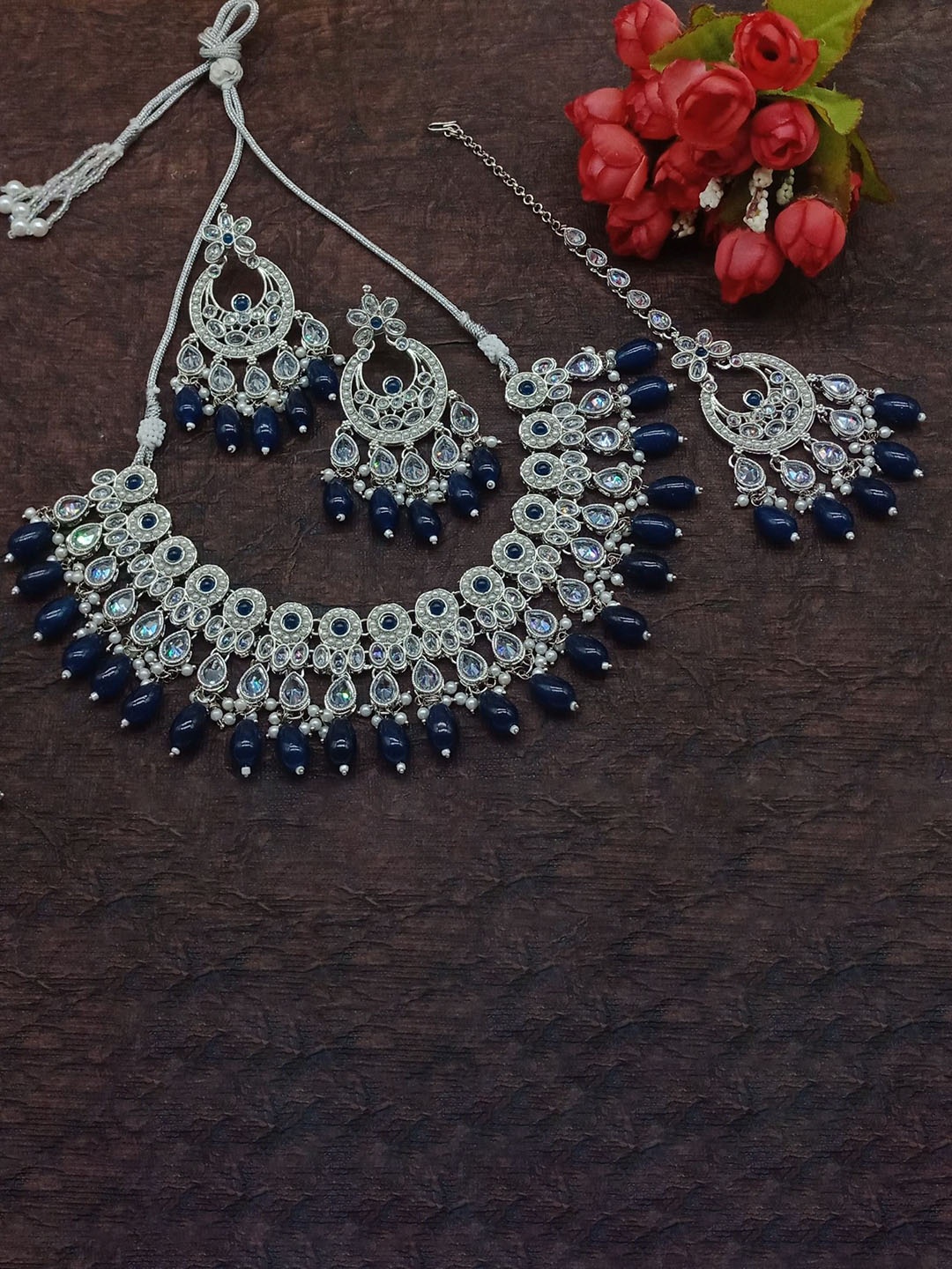 

AASHISH IMITATION American Diamond Studded & Beaded Jewellery Set, Silver