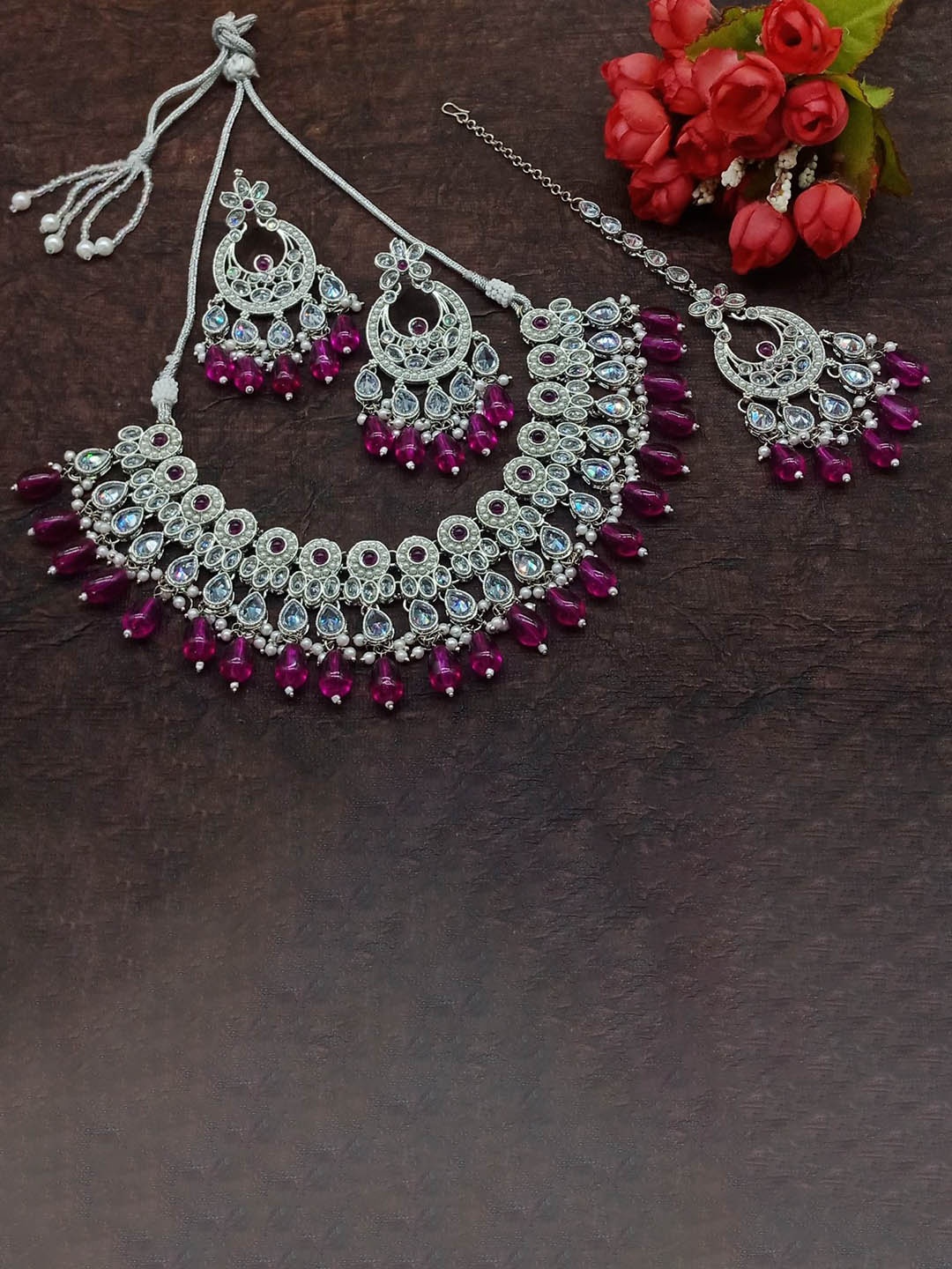 

AASHISH IMITATION American Diamond Studded & Beaded Jewellery Set, Silver