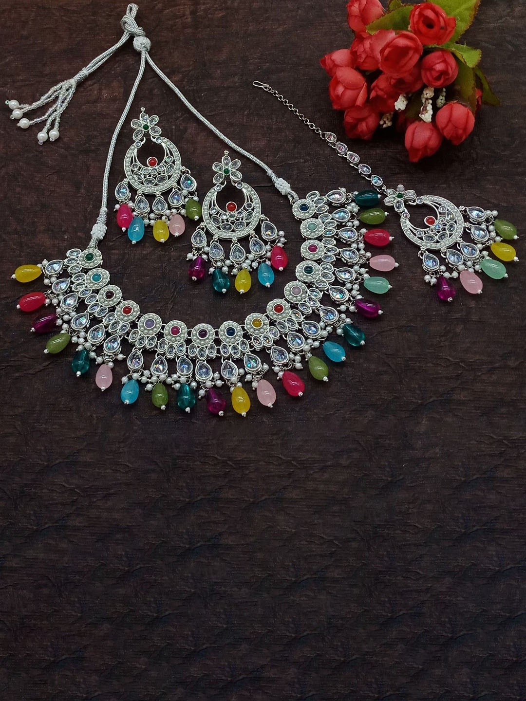 

AASHISH IMITATION American Diamond Studded & Beaded Jewellery Set, Silver