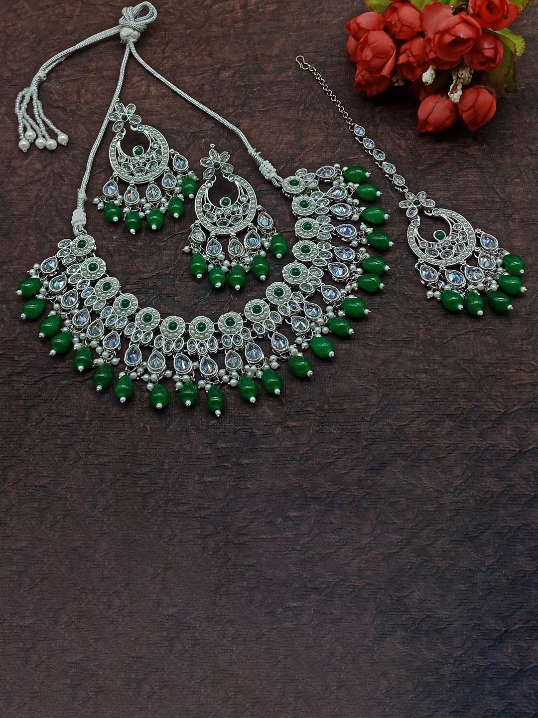 

AASHISH IMITATION American Diamond Studded & Beaded Jewellery Set, Silver