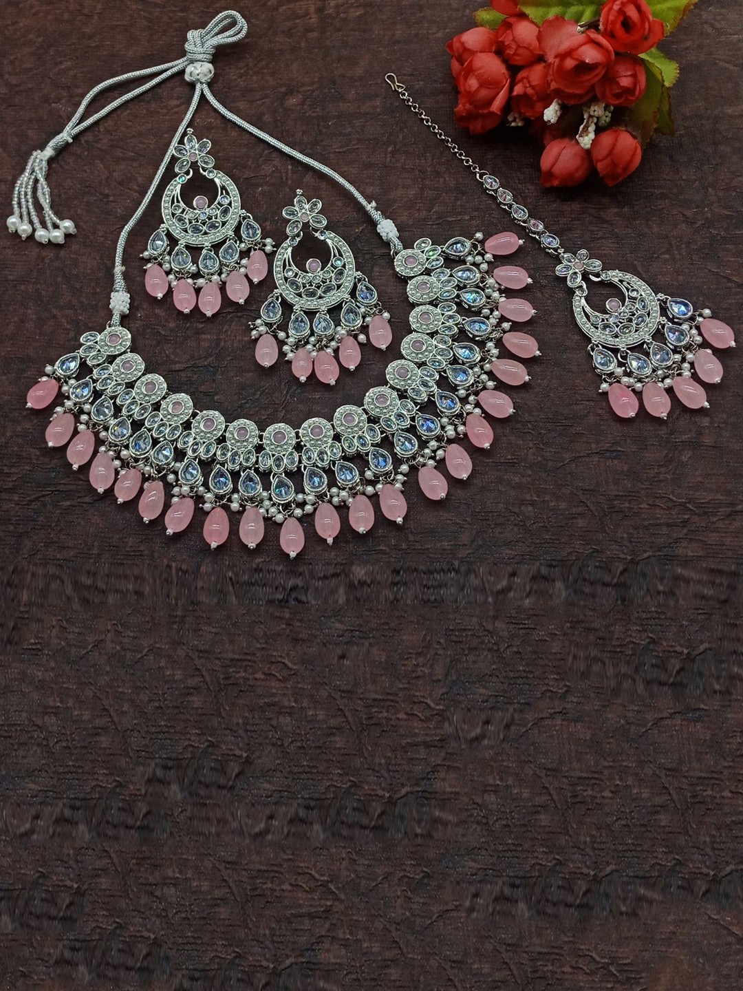 

AASHISH IMITATION American Diamond Studded & Beaded Jewellery Set, Silver