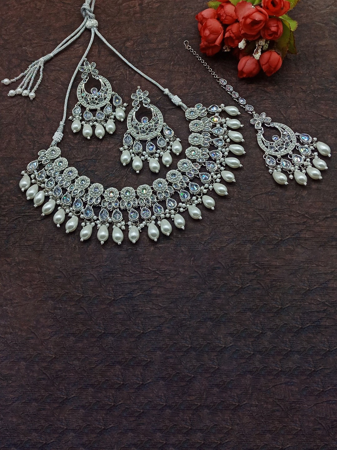 

AASHISH IMITATION American Diamond Studded & Beaded Jewellery Set, Silver