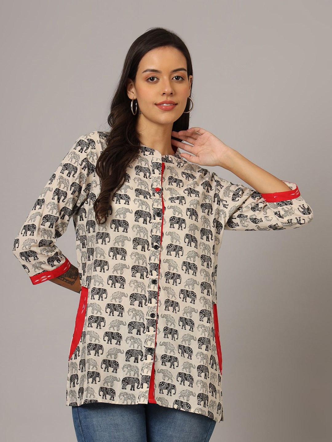 

FABRIC FITOOR Women Regular Fit Elephant Printed 2 Side Pockets Standard Shirt, Off white