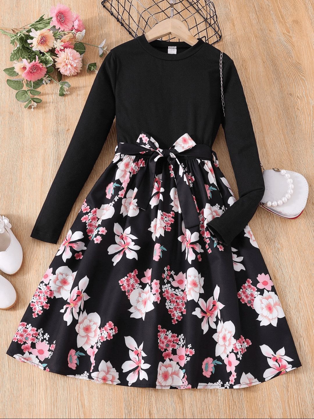 

BAESD Girls Floral Printed Fit & Flare Dress, Black