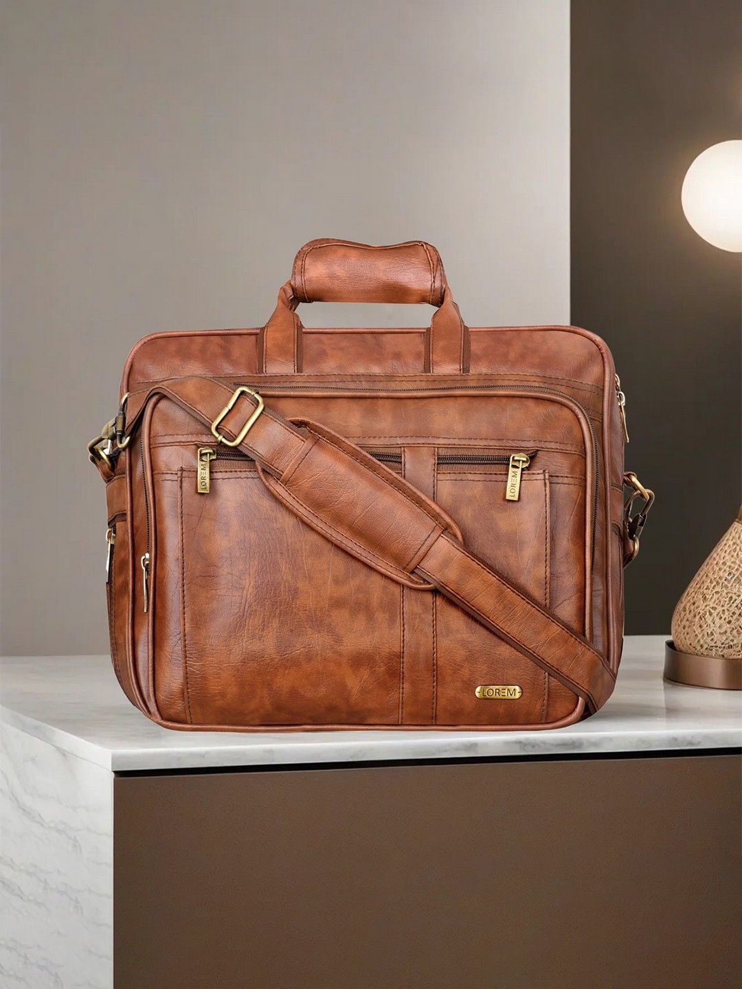

LOREM Men Printed Laptop Bag, Tan