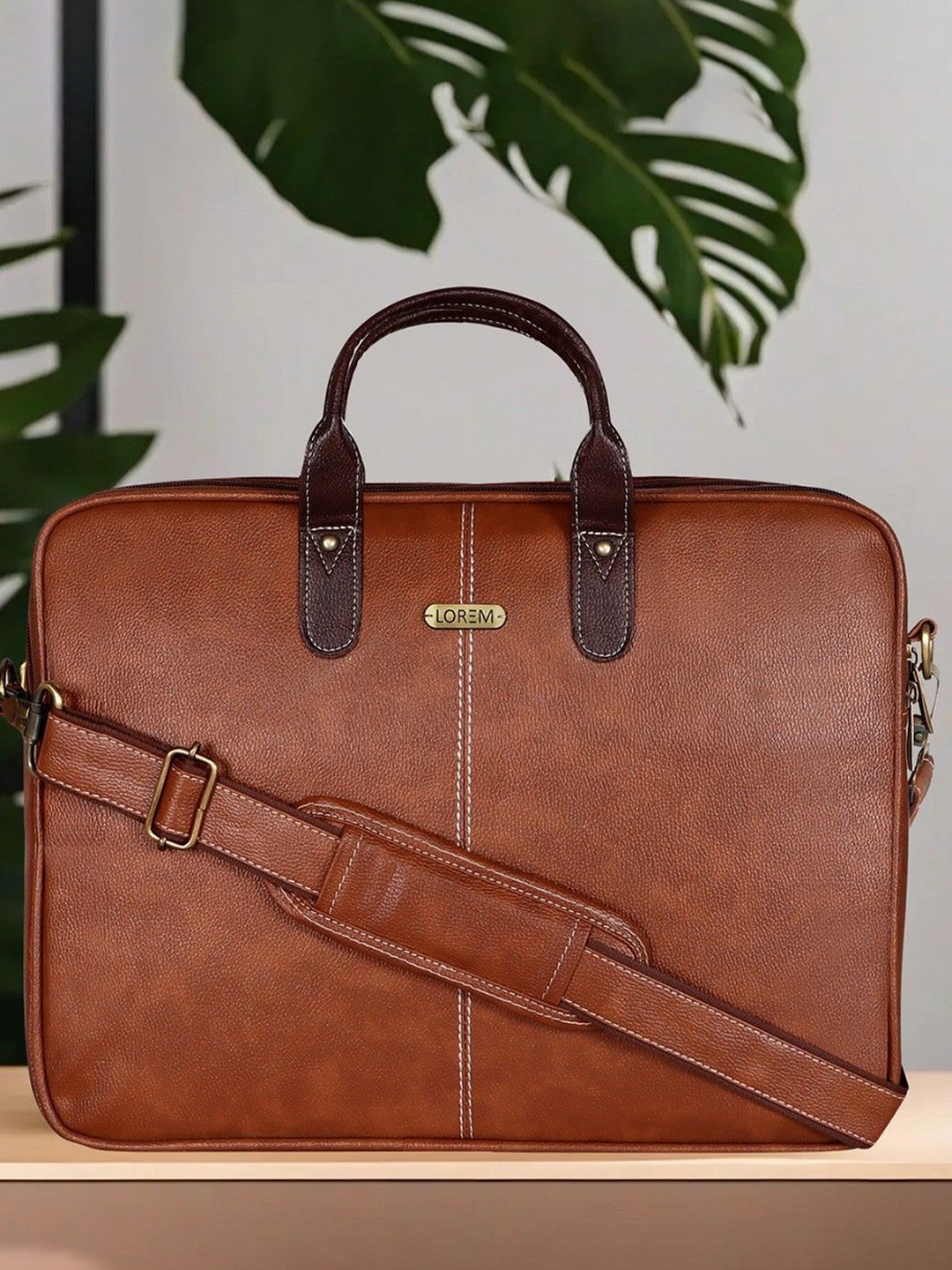 

LOREM Men Synthetic Leather Textured Laptop Bag, Tan