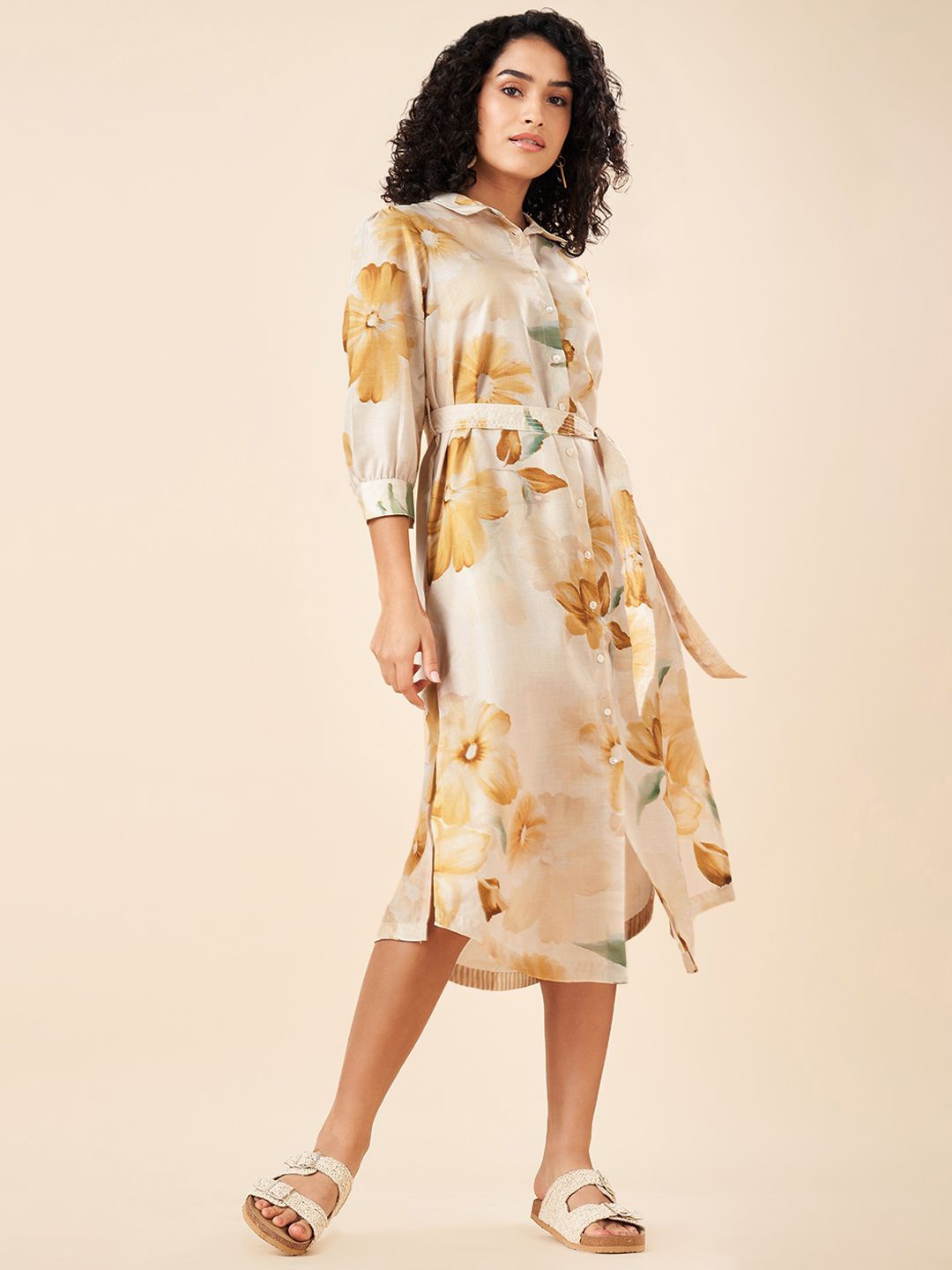 

AKKRITI BY PANTALOONS Floral Printed Puff Sleeve A-Line Midi Dress, Beige