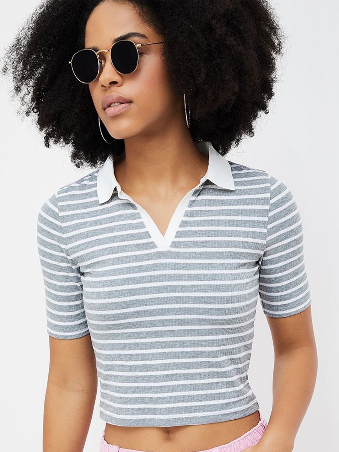 

Ginger by Lifestyle Women Striped Shirt Style Crop Top, Grey