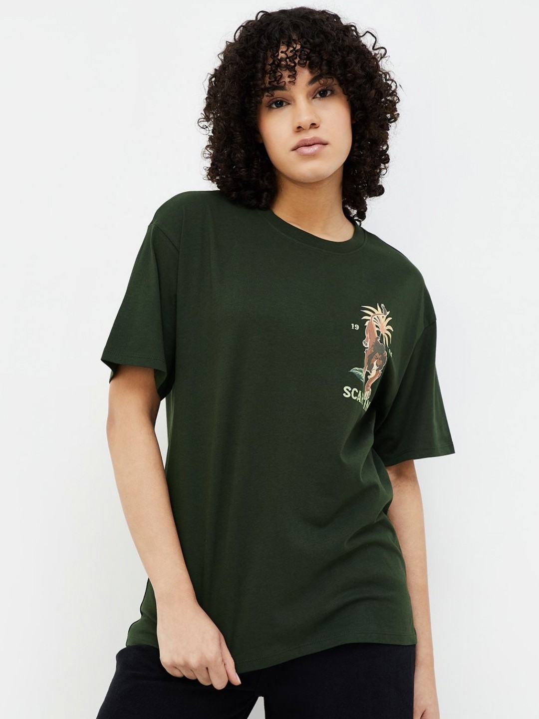 

Ginger by Lifestyle Women Lion King Printed Round Neck Tropical Raw Edge T-shirt, Green