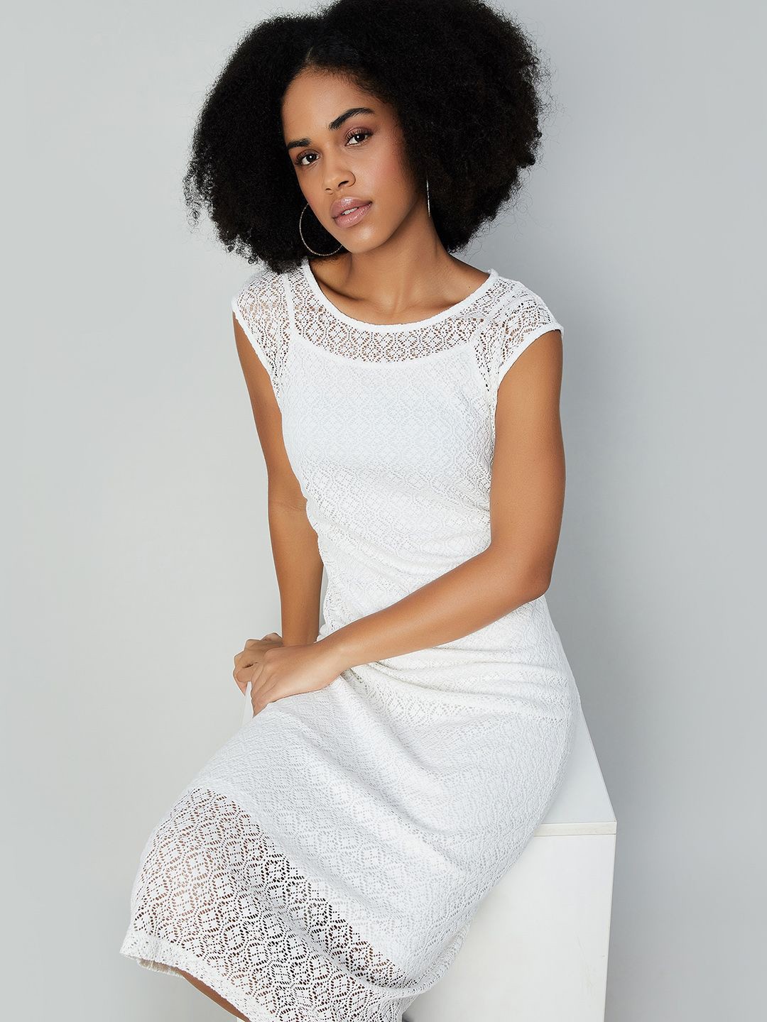 

Ginger by Lifestyle Women Round Neck Cap Sleeves Sheath Midi Dress, Off white