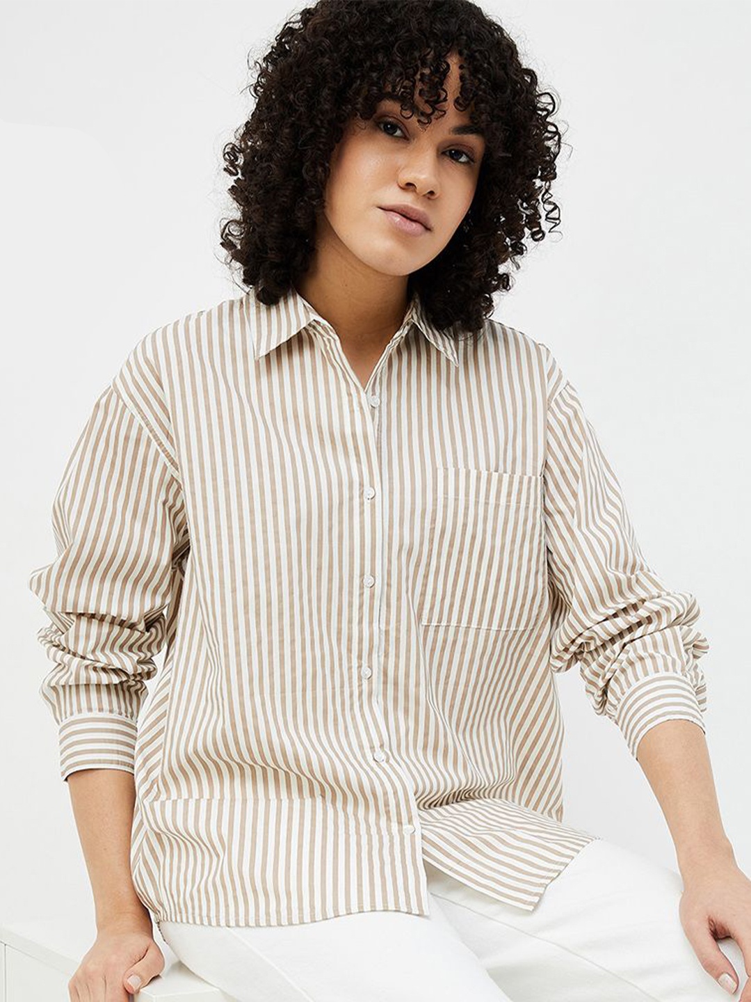 

Ginger by Lifestyle Striped Cotton Shirt Style Top, Beige