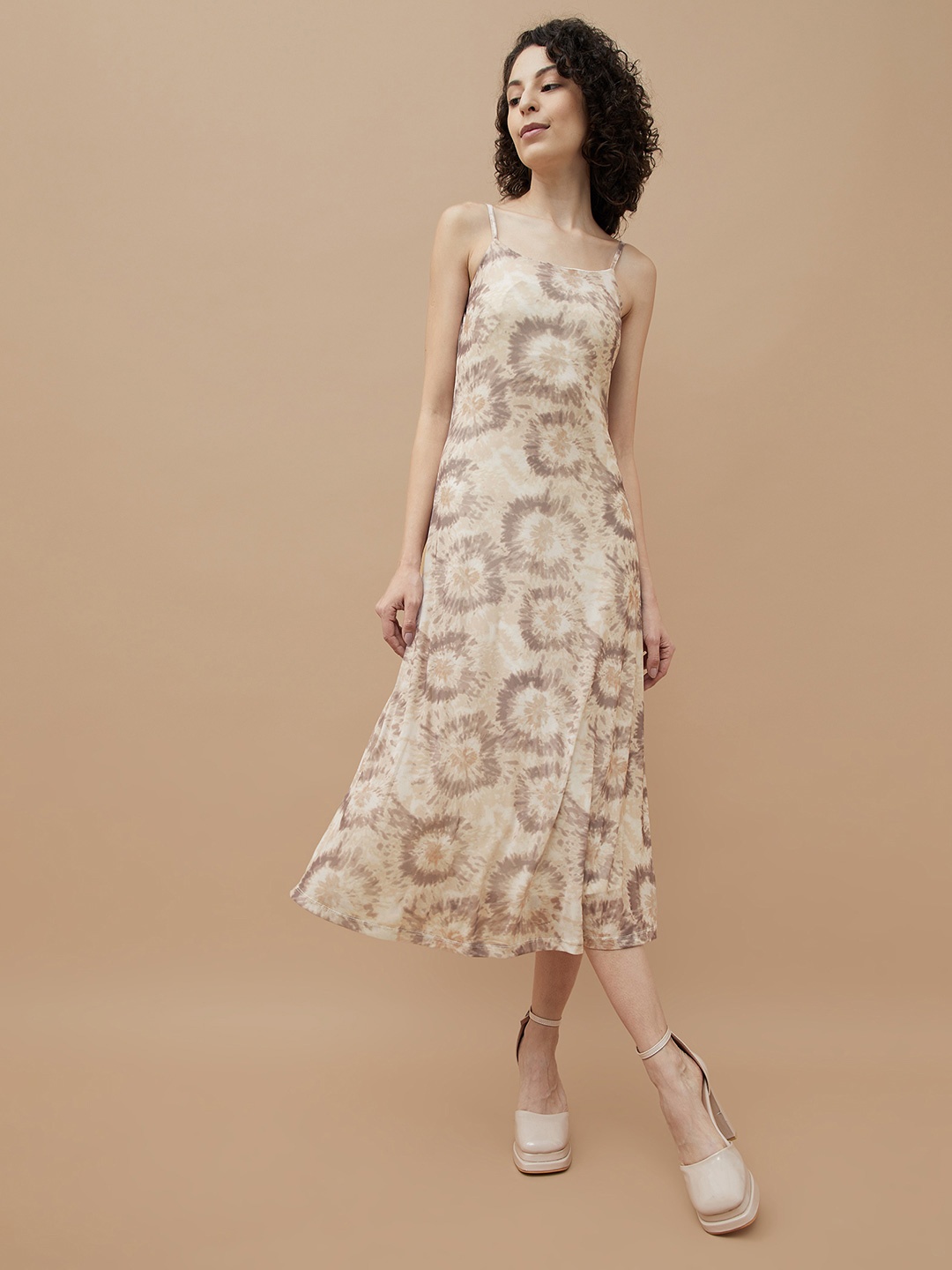 

Ginger by Lifestyle Floral Printed Square Neck Fit & Flare Dress, Beige
