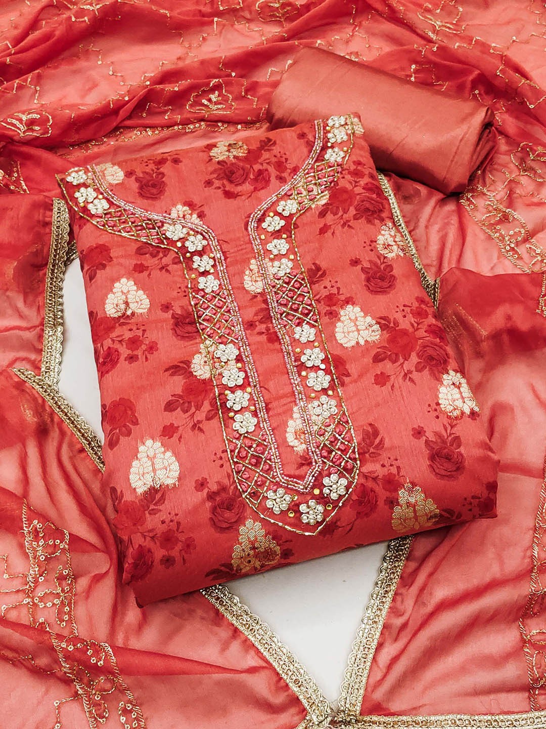 

MAHALASA Floral Printed Beads & Stones Unstitched Dress Material, Red