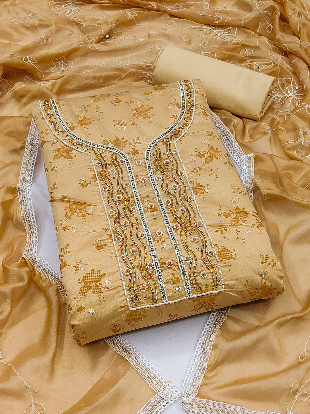 

MAHALASA Floral Embroidered Unstitched Dress Material, Yellow