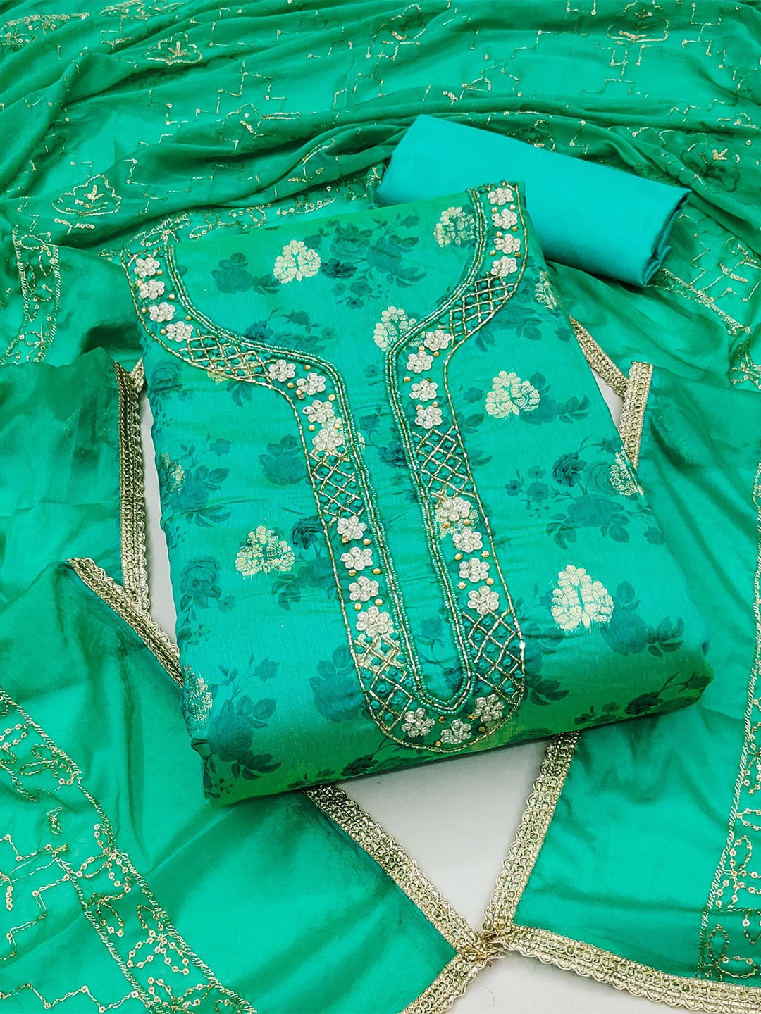 

MAHALASA Floral Embroidered Stones & Beads Unstitched Dress Material, Green