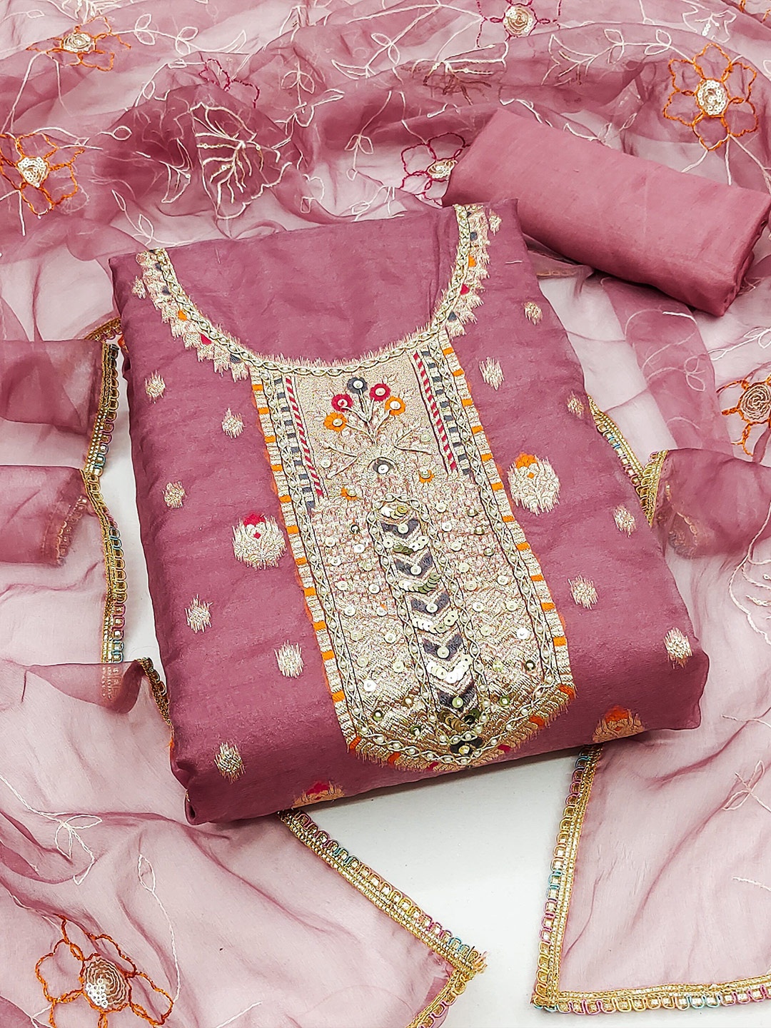 

MAHALASA Ethnic Motifs Woven Design Sequinned Unstitched Dress Material, Pink