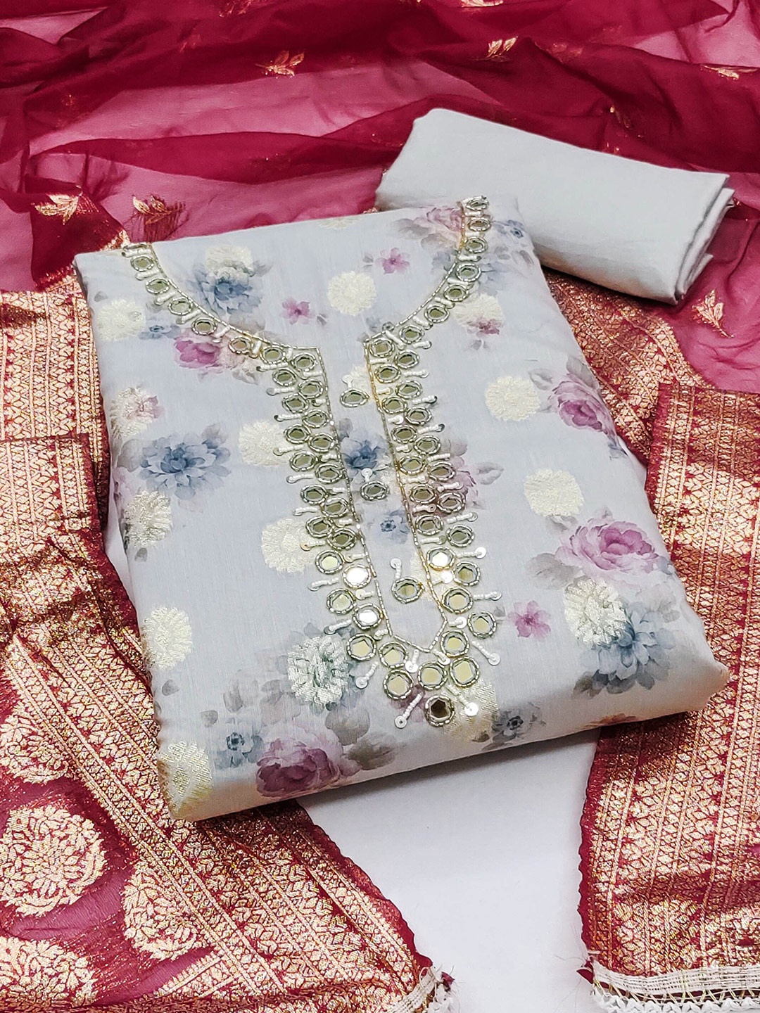 

MAHALASA Floral Woven Design Mirror Work Unstitched Dress Material, Blue