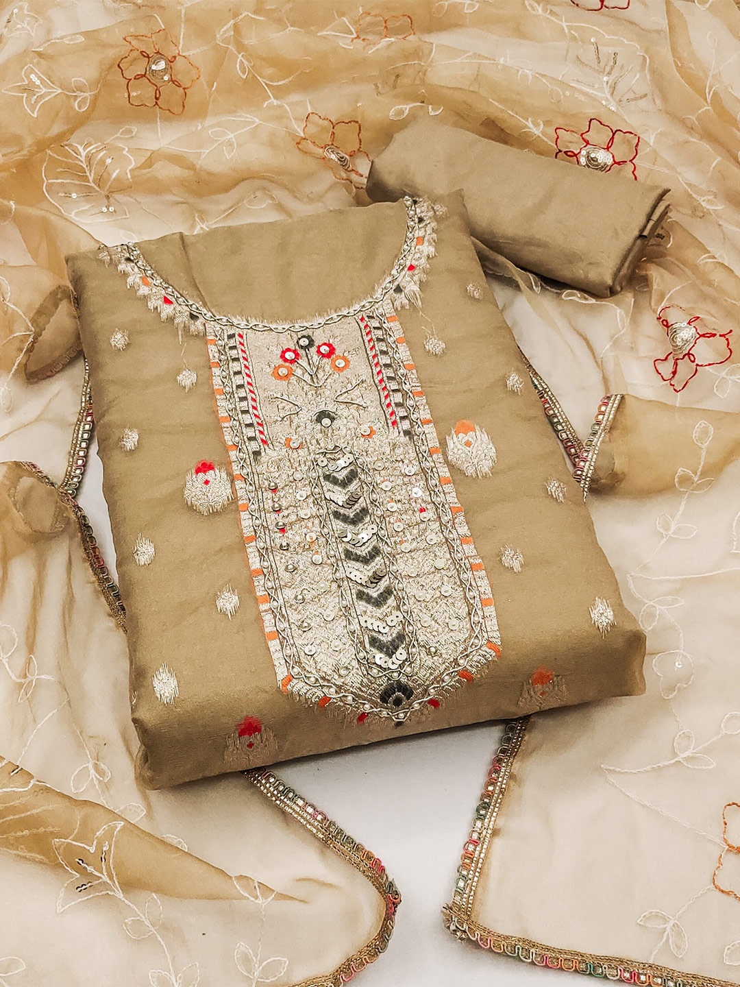 

MAHALASA Ethnic Motifs Embroidered Beads & Stones Unstitched Dress Material, Yellow