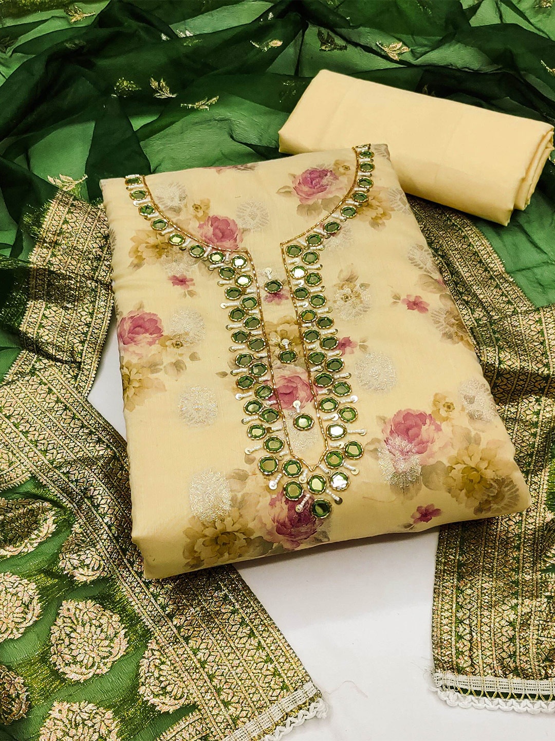 

MAHALASA Floral Printed Mirror Work Unstitched Dress Material, Cream